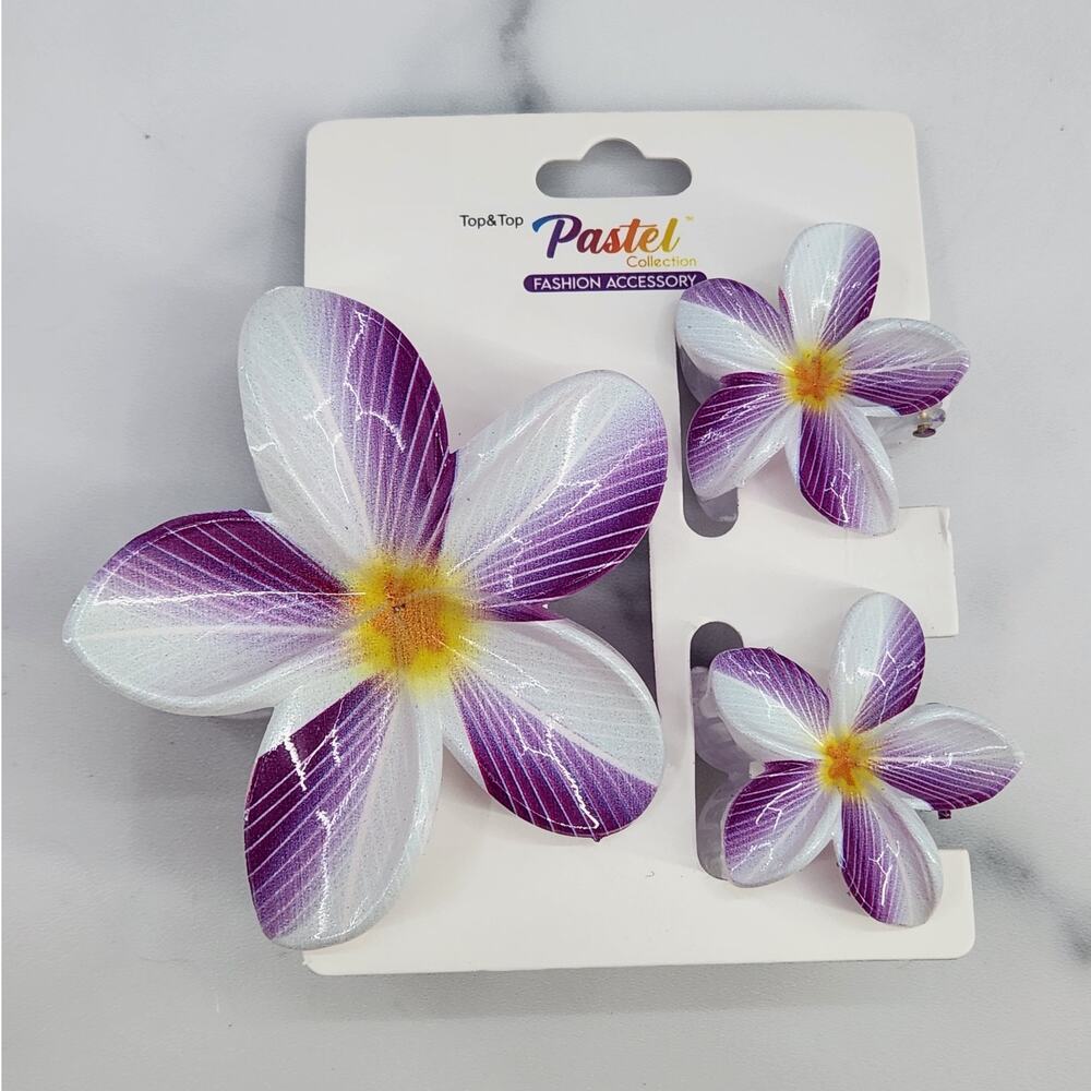 3 pc Hawaiian Flower Claw Clip Set - Hair Accessories Purple & White Plumeria